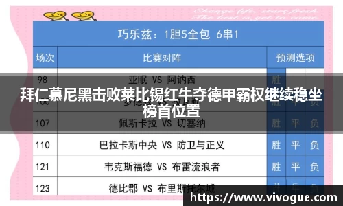 拜仁慕尼黑击败莱比锡红牛夺德甲霸权继续稳坐榜首位置