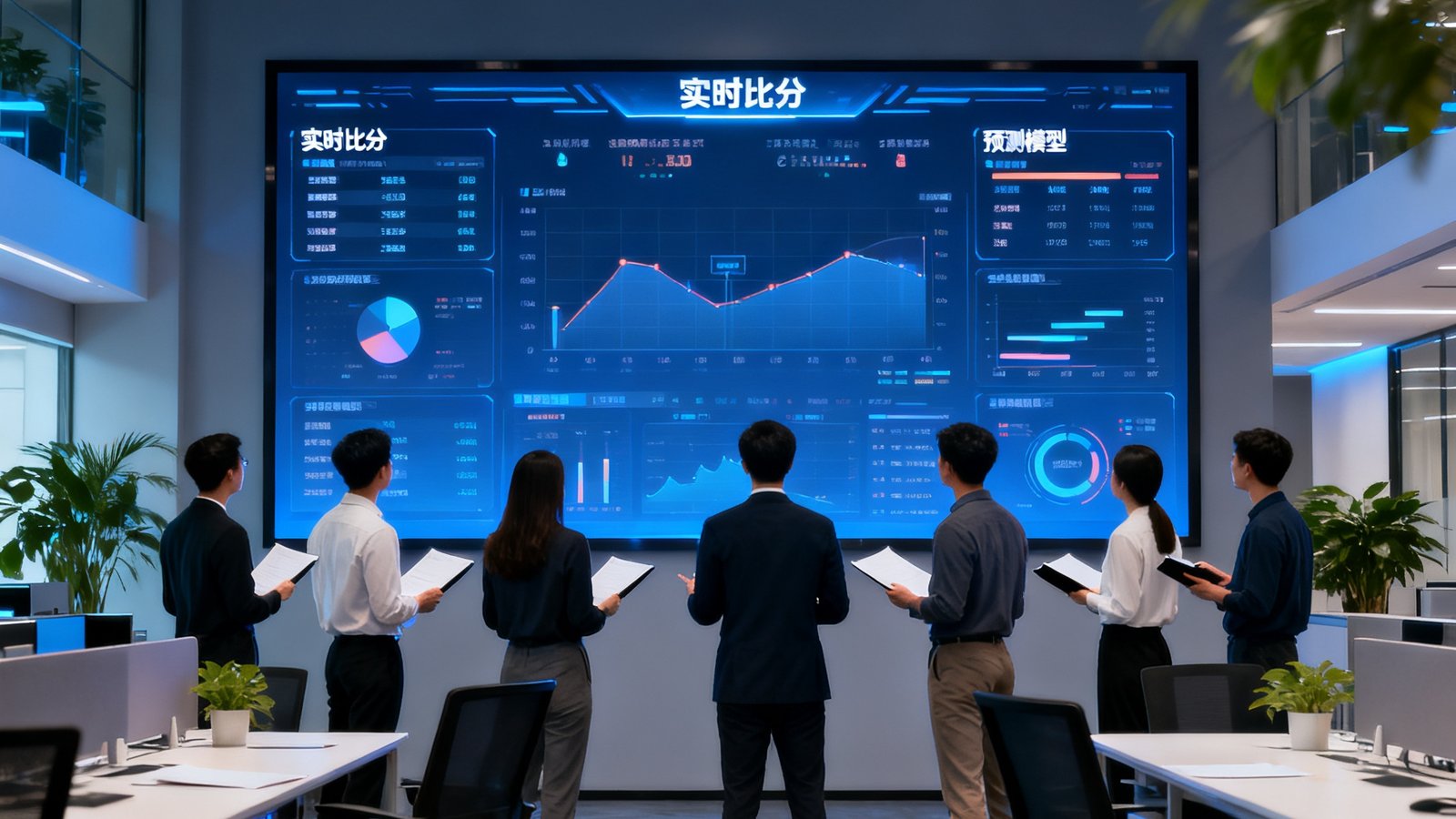 比分预测公司开放式办公室内，一面巨大的数据大屏显示实时比分和预测模型，团队成员在讨论