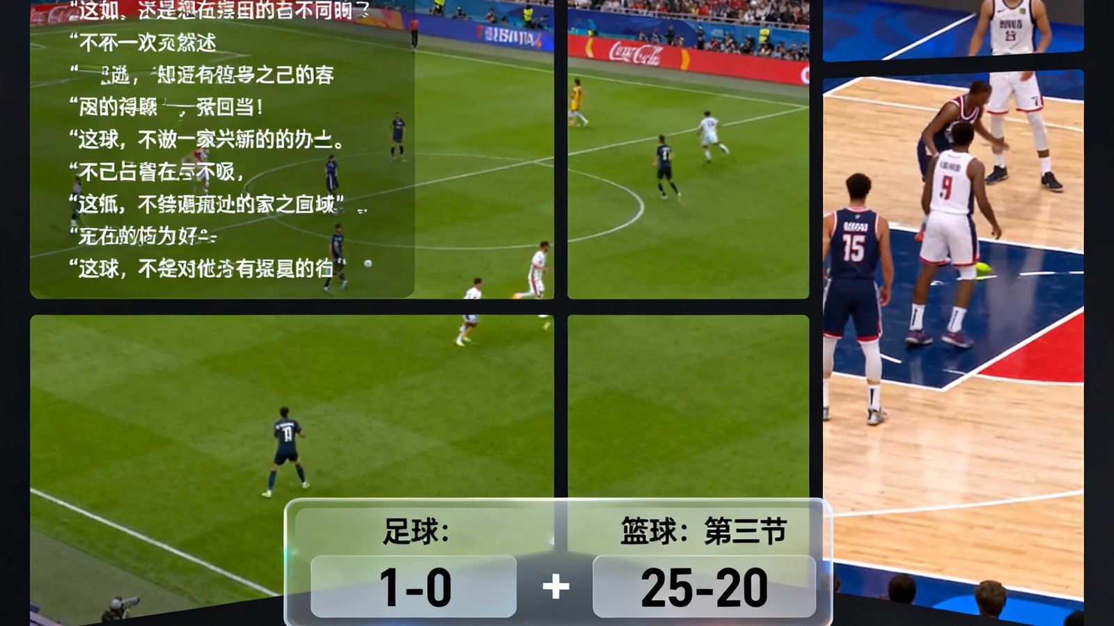 多画面高清体育直播界面包含足球与篮球，左侧实时弹幕滚动，底部有比分悬浮窗